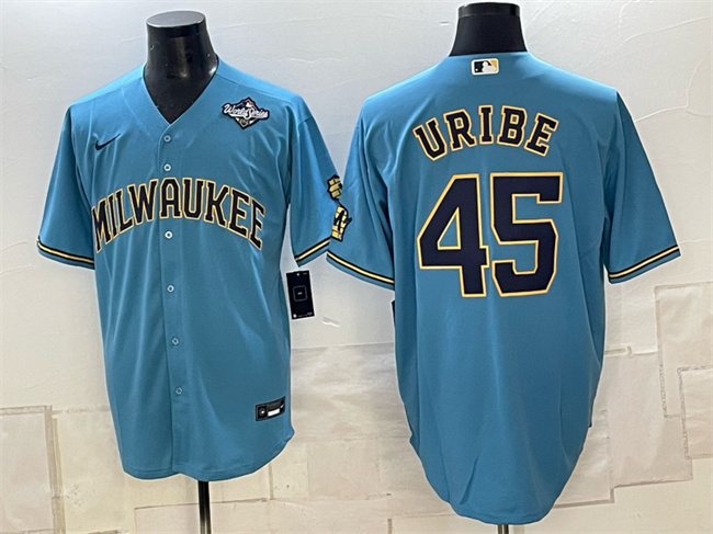 Men's Mineral Blue Milwaukee Brewers #45 Abner Uribe  2026 World Series City Connect Stadium Stitched Baseball Jersey